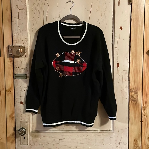 Torrid black pullover crew neck sweater plaid lips gold sequin stars 00 - Picture 3 of 6